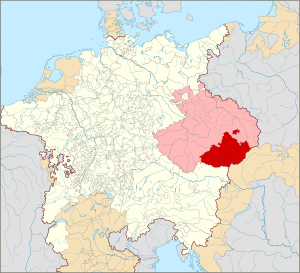 Markgrafschaft Mähren (rot) und Länder der Böhmischen Krone (pink) im Heiligen Römischen Reich (1618)