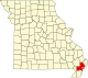 A state map highlighting New Madrid County in the southeastern part of the state.