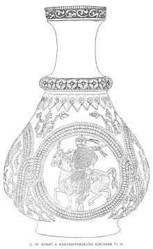 Black-and-white sketch of a pear-shaped jug, featuring a rider in mail armour and bearing a lance, holding a barefoot captive from the head