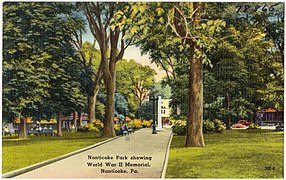 An old postcard of the World War II memorial in Nanticoke Park