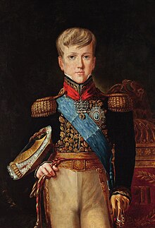 Three-quarters length painted portrait of the pre-adolescent Pedro in gold-embroidered tunic with a sash of office and hat tucked under his right arm and left hand resting on the pommel of his sword