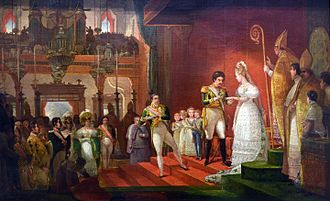 Under a red canopy in a baroque church, a man in uniform places a ring on the finger of a woman in an elaborate white dress, attended by 4 small children, bishops and other onlookers