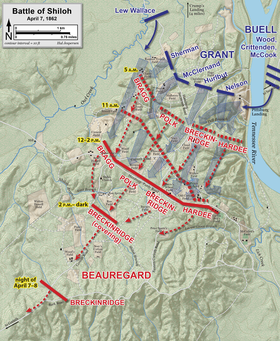 map showing Union armies driving Confederate army south and off the battlefield
