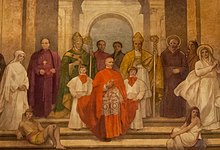 Mural painting of various religious figures together, with a cardinal in the center