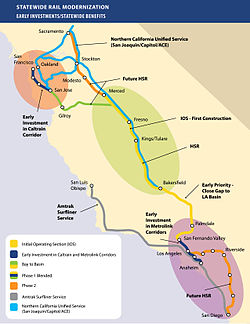 A map detailing California high-speed rail's "bookend projects", or projects at the tail end of high-speed rail route to improve public transportation and access to high-speed rail stations.