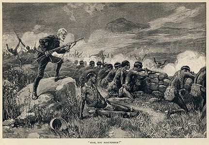 Allan Quatermain orders his men to fire, having waited until the last minute, an 1888 illustration for H. Rider Haggard's Maiwa's Revenge during its serial publication in Harper's Monthly