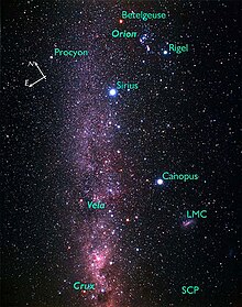 A field of stars against the Milky Way background with the prominent stars and constellations labelled