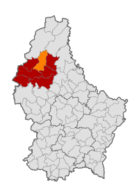 Map of Luxembourg with Wiltz highlighted in orange, and the canton in dark red