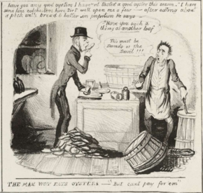Cartoon showing Dando overeating oysters and asking for another loaf. The oyster seller is shown realising his customer is Dando.