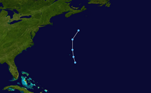 A track map of the path of a northward-moving tropical depression over the central Atlantic basin