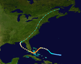 The track of the storm over the Bahamas and Gulf of Mexico as a tropical system, followed by an extended trajectory across the U.S. East Coast and Canadian Maritimes as an extratropical storm