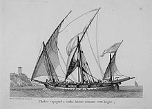 A small vessel with three masts rigged with lateen sails with a low hull profile seen directly from the side. It has a row of five cannons protruding from gunports. The upper portion of its stern has a distinct protrusion towards the rear, which is typical of xebecs.