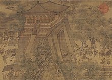 A section of the painting "Along the River During the Qingming Festival" which depicts a Bianjing city gate with a guard tower built on top of the gate.