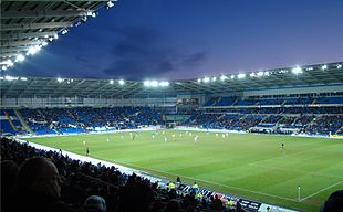 View of the pitch from the stands at Cardiff City Stadium during a late-afternoon game in January