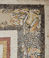 Detail of a mosaic from the Jewelry Quarter of Delos depicting a bull's head with foliage