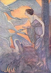 "She looked around, and saw swans come flying through the air", Six Swans for Grimm's Fairy Tales, 1920[28]