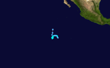 A track map of a tropical storm over the Eastern Pacific Ocean; it is shaped like an uppercase letter 'L', with the bottom edge curving upward like a camel's hump in the middle
