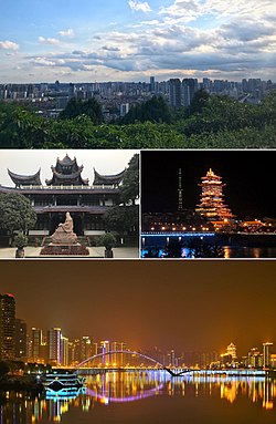 Clockwise from top: The view of Mianyang City from Fule Park, Yuewang Mansion at night, Night scene along Fujiang River in Mianyang City, Ziyun Pavilion in Xishan Park of Mianyang