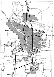 Black-and-white map of the Portland area showing several highways bisecting the city.