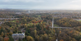 Aerial view of cable stayed road bridge over Riverside Park, Glenrothes