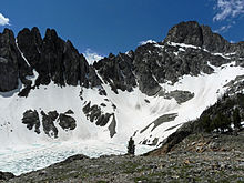 A frozen and unnamed glacial lake in the cirque northeast of Thompson Peak