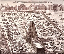 Erection of the Vatican obelisk in 1586 by means of a lifting tower