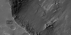 Close view of layers from a previous image, as seen by HiRISE. Box shows the size of football field.