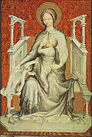 Madonna by André Beauneveu from one of the Duke of Berry's manuscripts, with a richly populated grisaille background, ca 1402