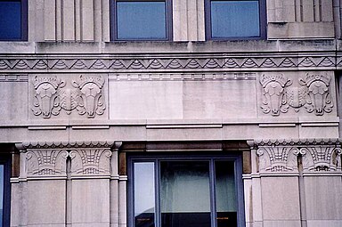 Art Deco styled bucranium on the Lincoln Bank Tower (East Berry Street no. 116), Fort Wayne, Indiana, USA, designed by Alvin M. Strauss, 1930