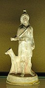 Bendis, Thracian goddess of the moon and the hunt, wearing a Phrygian cap. Tanagra-style terracotta figurine, c. 350 BC.