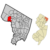 Location of Wyckoff in Bergen County highlighted in red (left). Inset map: Location of Bergen County in New Jersey highlighted in orange (right).