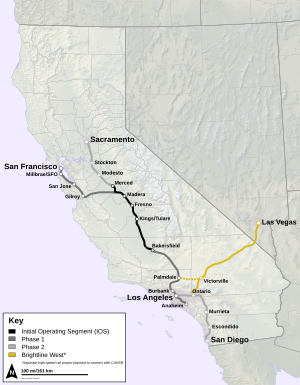 A map of planned high-speed rail routes in California. The separate Brightline West is indicated in yellow.