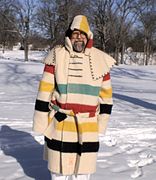 Traditional capote made with a Hudson's Bay point blanket