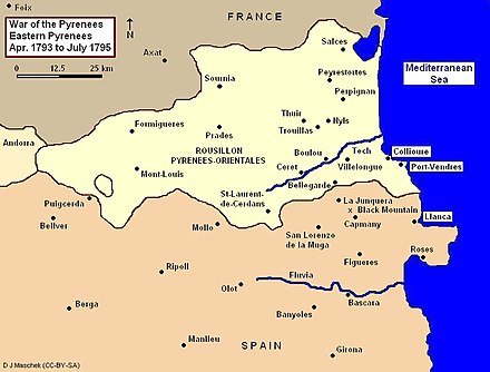 Map covers the area from the Mediterranean on the east to Andorra on the west, and from Girona on the south to the northern border of Pyrenees-Orientales department on the north.