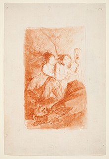 Materials: red chalk and sanguine wash on laid paper. Dimensions: 305 x 207mm. Dated: approximately 1797. Located in the Prado National Museum, Madrid, Spain.