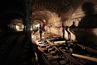 Construction of tracks connecting Times Square Station to the line extension in March 2012