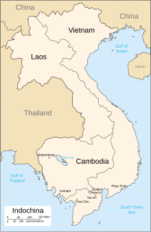 A map depicting bodies of water in light blue and land in beige. The countries in French Indochina, Vietnam, Laos and Cambodia are in a lighter shade than the other countries. Vietnam is an S shaped country bordering the sea. The various towns located on the map detailing Phan Xich Long's locations are in the southern third of the country.