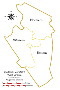 Outline map of Jackson County, West Virginia, showing the boundaries and names of the three current magisterial districts.