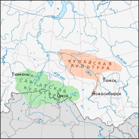 Map of Kulay (orange) and Sargat cultures (green).