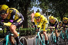 Team Jumbo–Visma riders in team time trial formation including Mike Teunissen wearing a yellow kit