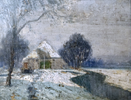 North German winter landscape: Frisian house on a narrow river, about 1925
