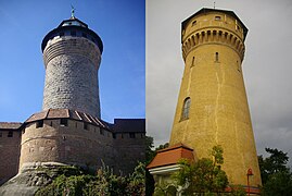Nürnberger Burgturm – Wasserturm Pegau (rechts im Bild)