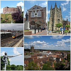 Clockwise from top left: Tamworth Castle, Town Hall with the Robert Peel statue, Parish Church, Skyline, Æthelflæd monument and Railway Station