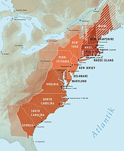 Thirteen Colonies of North America: Dark Red = New England colonies. Bright Red = Middle Atlantic colonies. Red-brown = Southern colonies