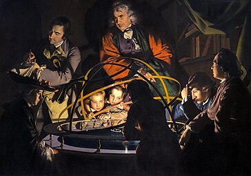 A Philosopher Lecturing on the Orrery; by Joseph Wright of Derby; c.1766; oil on canvas; 1.47 x 2.03 m; Derby Museum and Art Gallery, Derby, England[22]