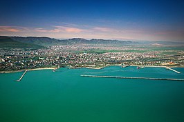 Aerial view of Makhachkala and the Caspian Sea