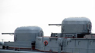 Rear view of the two 100 mm AK-100 guns of Admiral Tributs
