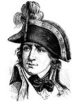 Black and white sketch of a man wearing a plumed bicorne hat