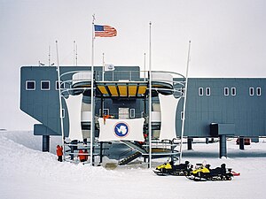 The Amundsen–Scott Station in 2018. In the foreground is Destination Alpha, one of the two main entrances.
