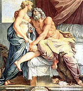 A half-clad male figure, heavily bearded and white-haired, half-reclines on a bed as he draws towards him the semi-clothed figure of a statuesque woman. They are looking ardently at each other.